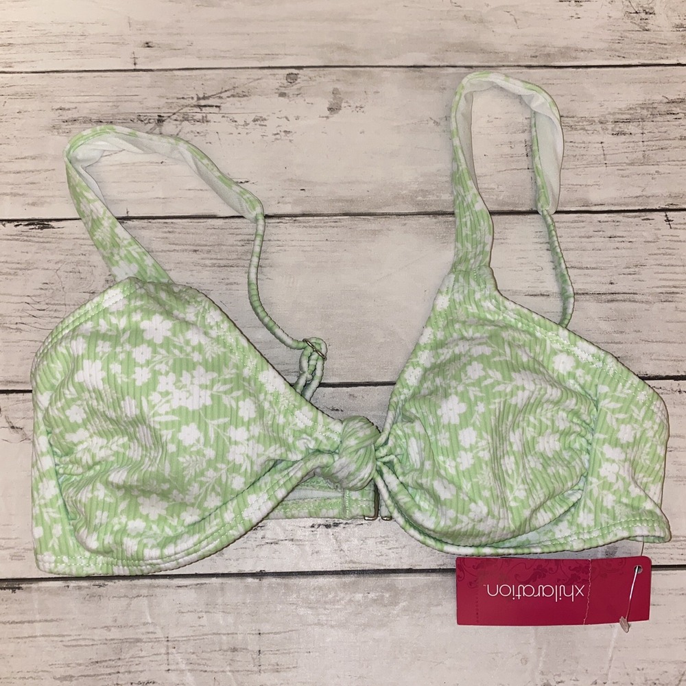 Xhilaration Bikini Top Womens Medium Green Floral White Padded‎ Knot Swim NEW M